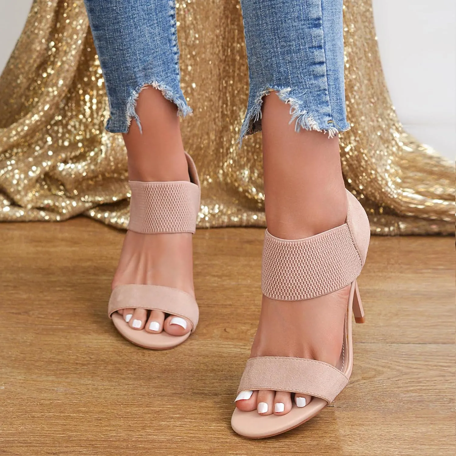Women's Open Toe High Heels 3.5IN Stiletto Heeled Sandals Sexy Elastic Band Ankle Booty Heeled Sandal Shoes for Daily,Work,Evening Party
