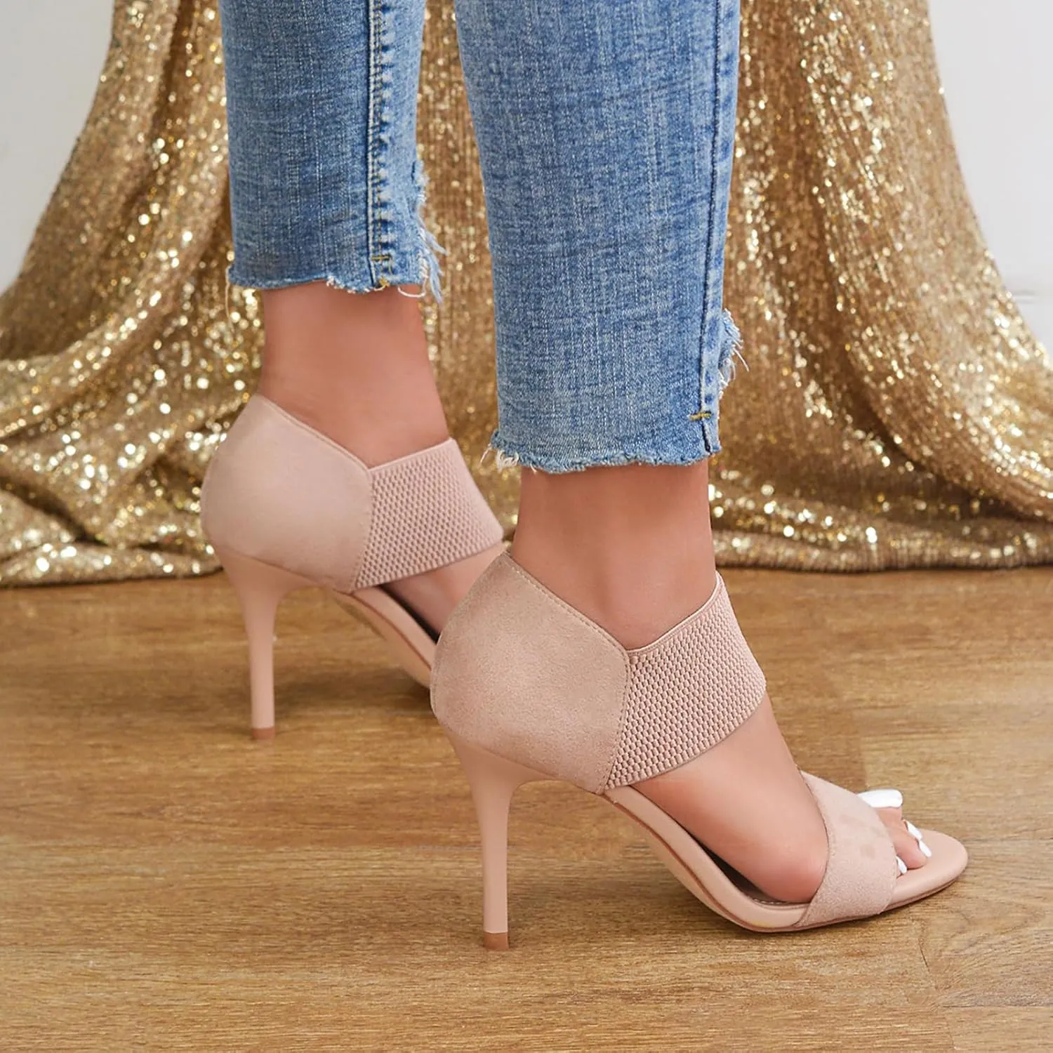 Women's Open Toe High Heels 3.5IN Stiletto Heeled Sandals Sexy Elastic Band Ankle Booty Heeled Sandal Shoes for Daily,Work,Evening Party