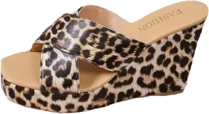 Women's Platform Leopard Print Wedge Heels with Cross Strap Square Toe Slip On Sexy Open Toe Mule Heels for Summer Beach