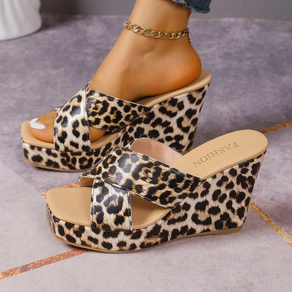 Women's Platform Leopard Print Wedge Heels with Cross Strap Square Toe Slip On Sexy Open Toe Mule Heels for Summer Beach