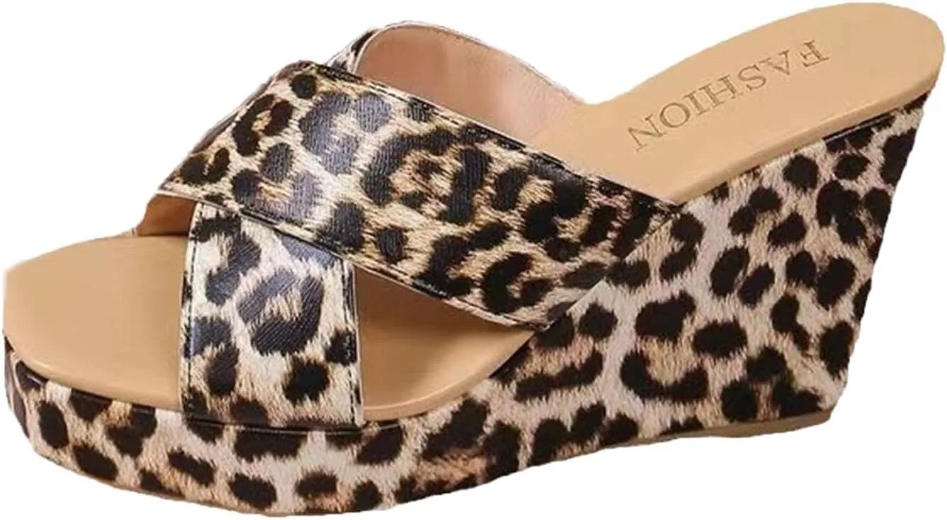 Women's Platform Leopard Print Wedge Heels with Cross Strap Square Toe Slip On Sexy Open Toe Mule Heels for Summer Beach