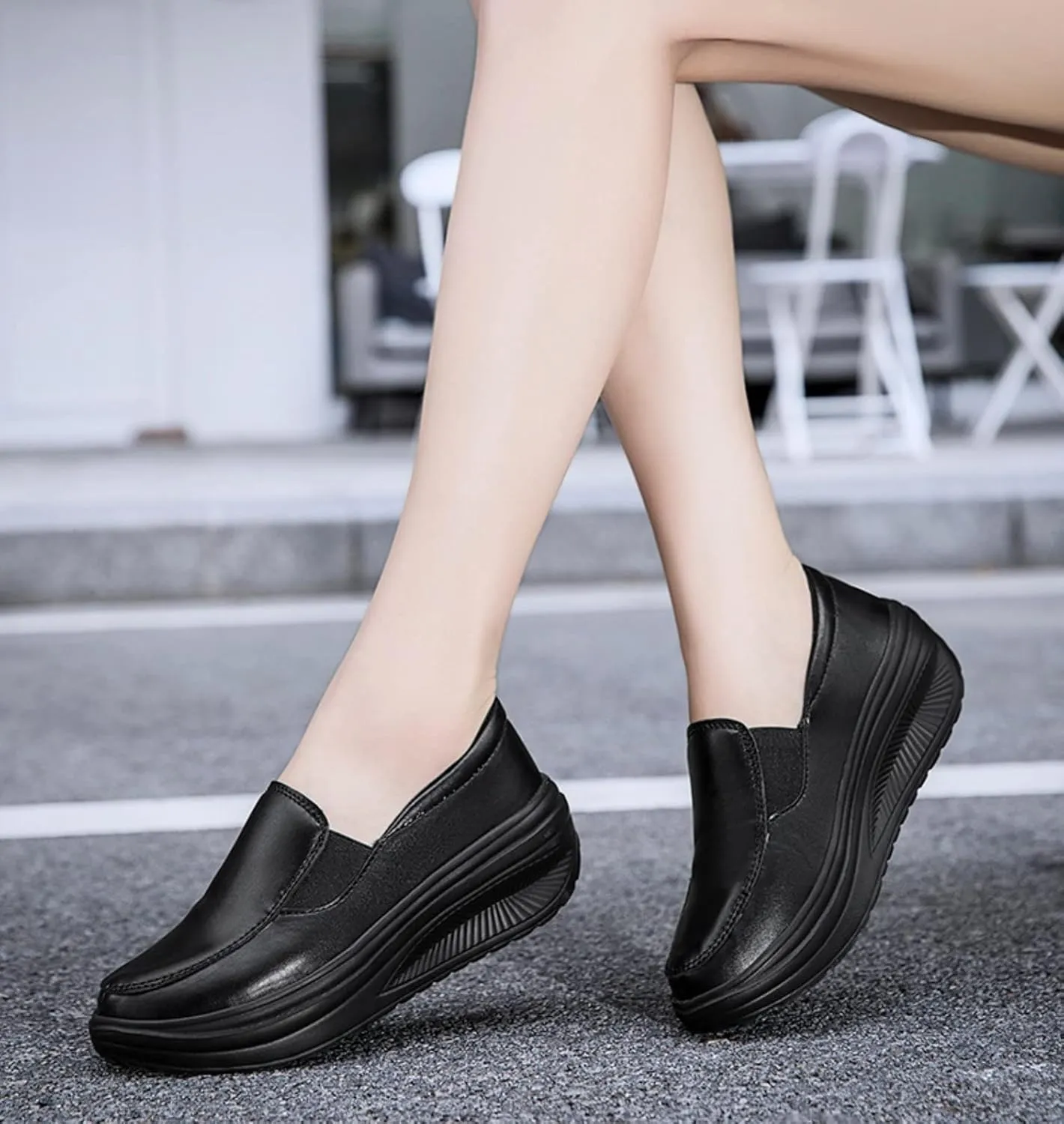 Women's Platform Wedge Slip-On Loafers,Comfortable EVA Sole Round Toe Leather Moccasin Wedge Sneakers.