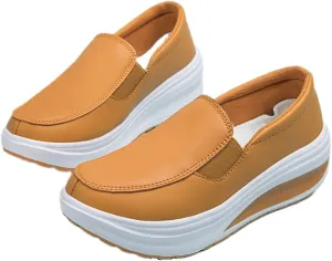 Women's Platform Wedge Slip-On Loafers,Comfortable EVA Sole Round Toe Leather Moccasin Wedge Sneakers.
