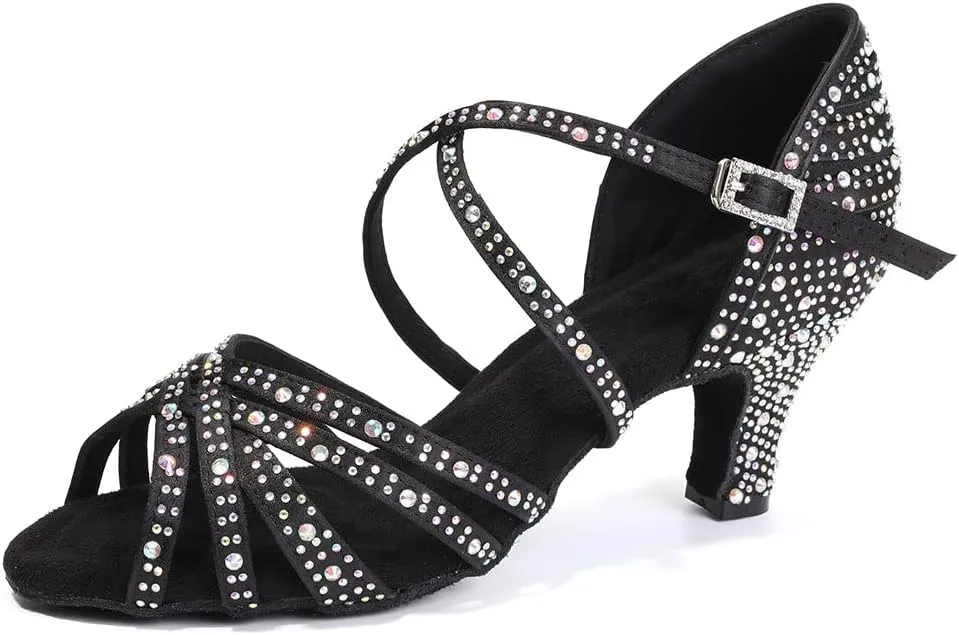 Womens Rhinestone Latin Dance Shoes Satin Open Toe Ballroom Salsa Tango Waltz Dancing Shoes,Model L377