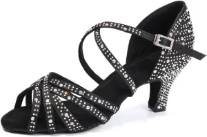 Womens Rhinestone Latin Dance Shoes Satin Open Toe Ballroom Salsa Tango Waltz Dancing Shoes,Model L377
