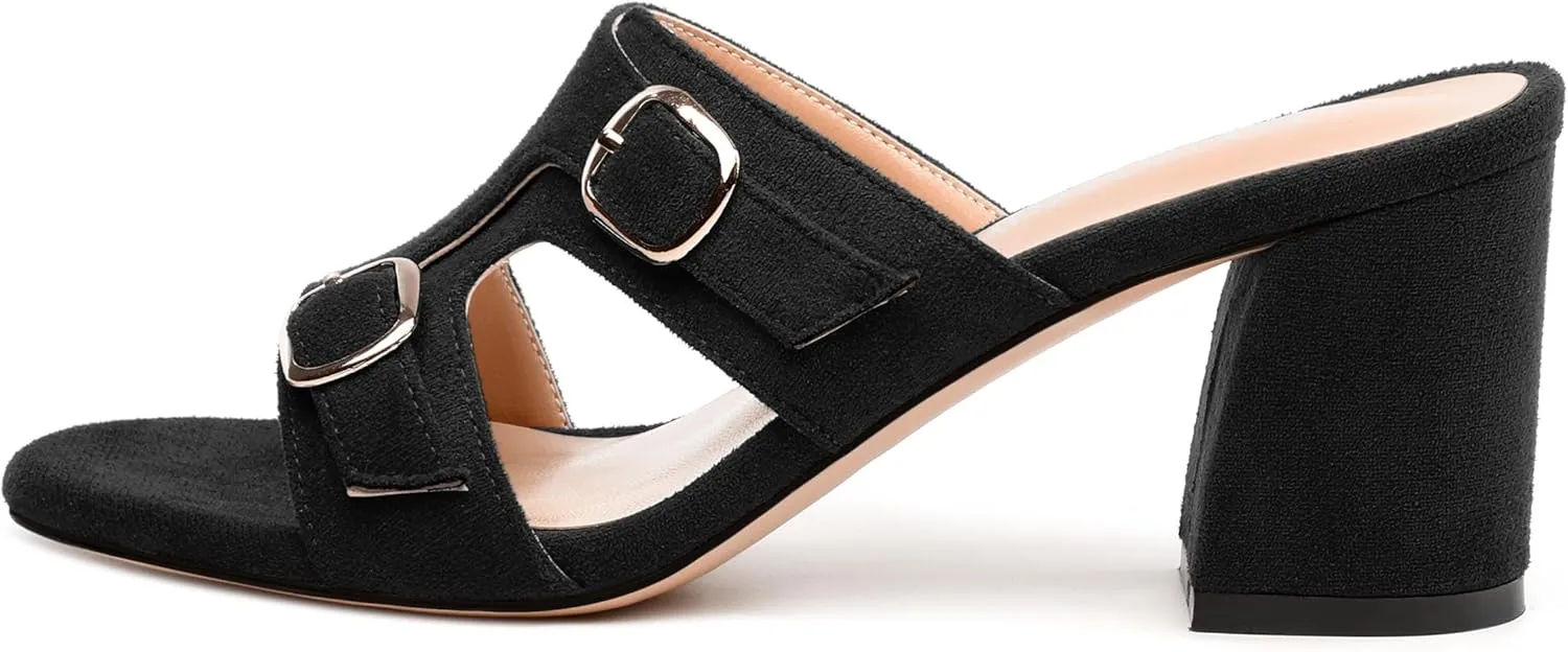 Women's Sandals, Round Toe Mid Chunky Heels, Fashion Buckle Heeled Sandal for Women 2.5 Inch