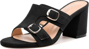 Women's Sandals, Round Toe Mid Chunky Heels, Fashion Buckle Heeled Sandal for Women 2.5 Inch