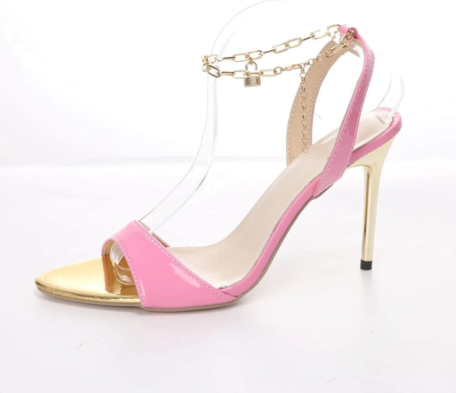 Women's Stiletto Pump Heeled Sandals Fashion Pointed Toe Open Toe Metal Chain Ankle Straps Thin High Heel Shoes Dressy Comfy Ladies Casual Shoes