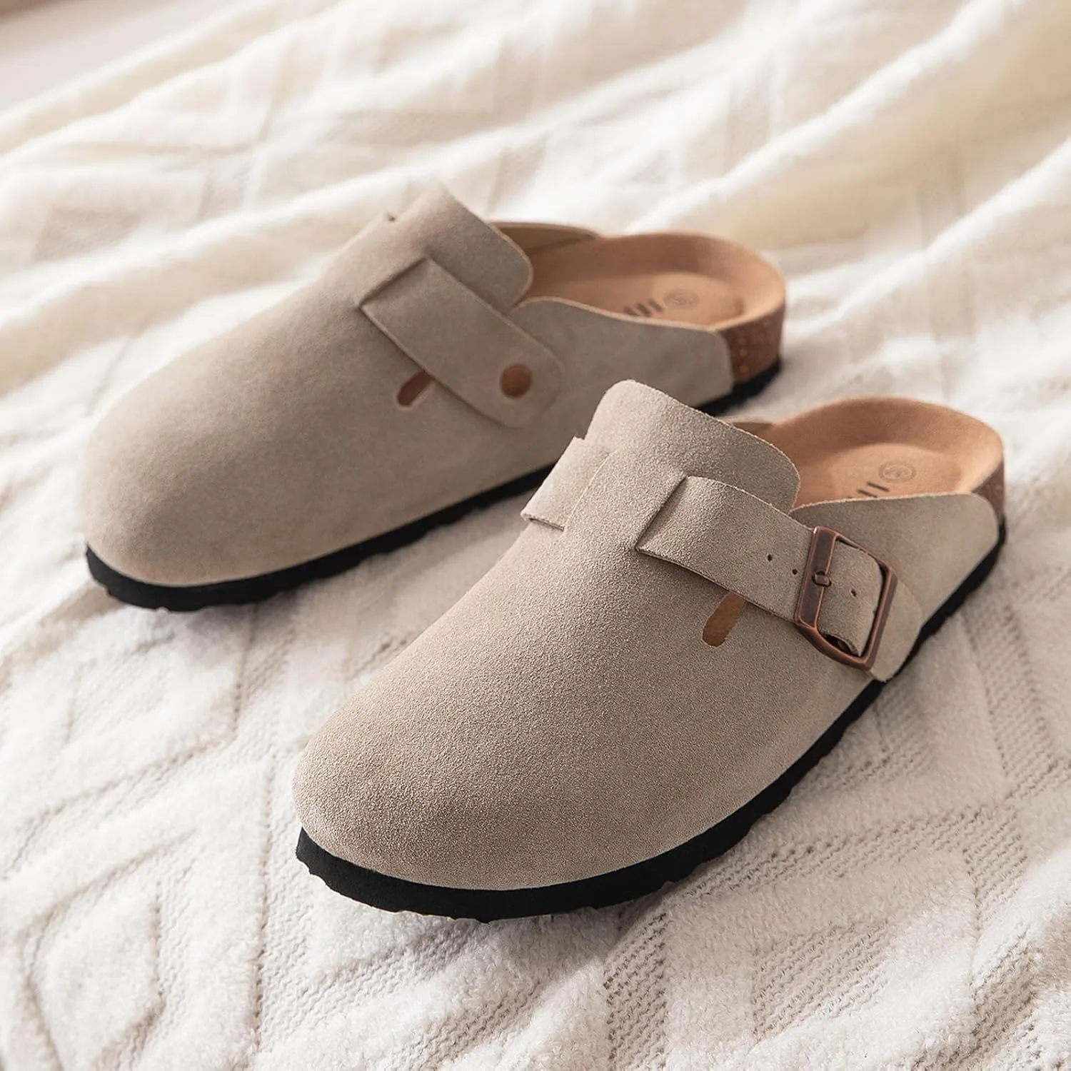 Women's Suede Clogs Cork Footbed Clogs for Women Soft Leather Adjustable Buckle Slip-on Potato Shoes Sandals