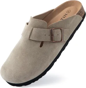 Women's Suede Clogs Cork Footbed Clogs for Women Soft Leather Adjustable Buckle Slip-on Potato Shoes Sandals