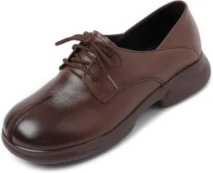 Women's Vintage Leather Platform Lace-up Oxford Shoes,Fashion Round Toe Slip-on Casual Loafers Comfortable Non-Slip Soft Sole Walking Work Shoes