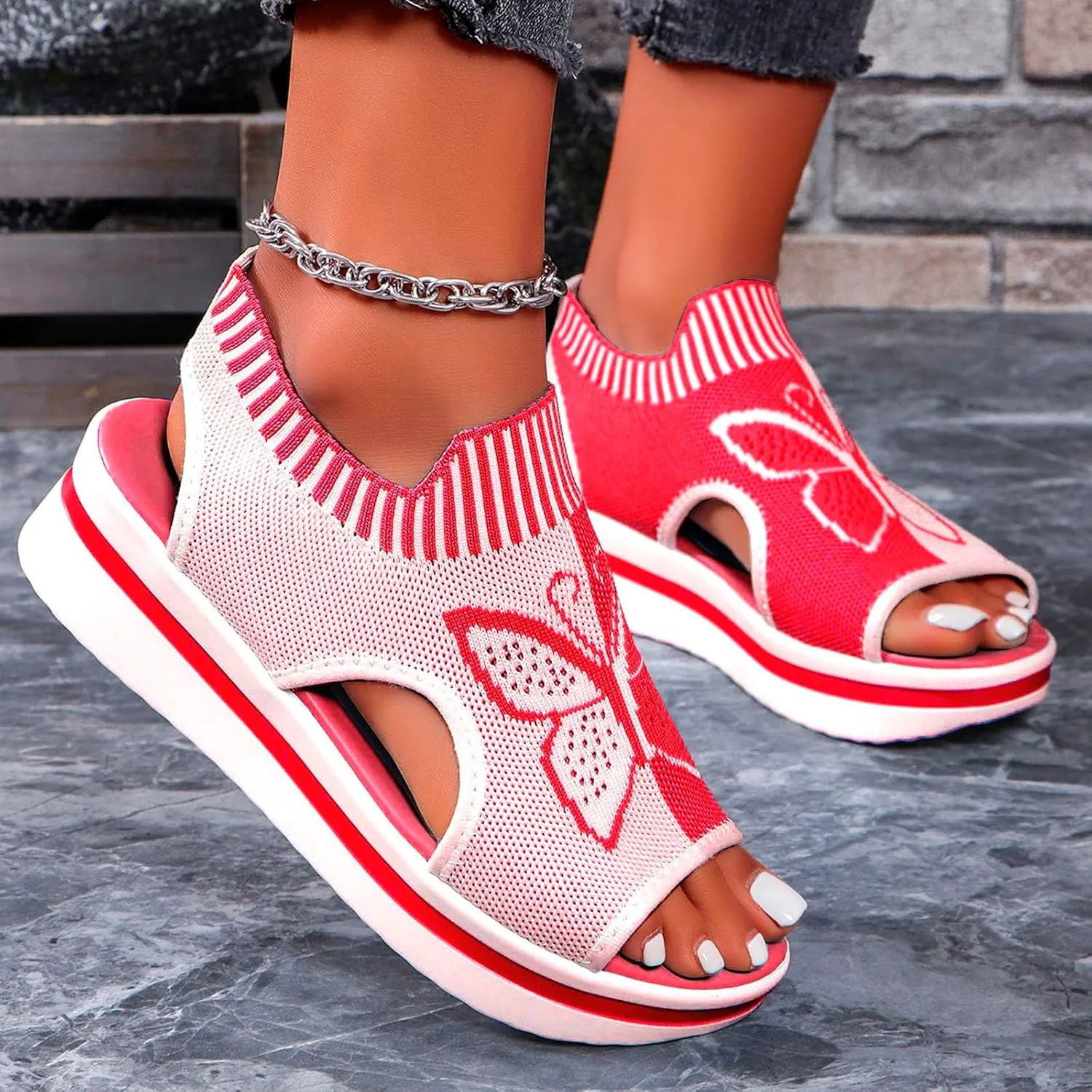 Women's Wedge Platform Sandals Arch Support Knit Slip-On Mesh Design Sandal Breathable Wide Feet Heels Comfort Waterproof Casual Cute Shoes Beach Vacation Summer Outdoor Hiking Dressy Travel Shoes