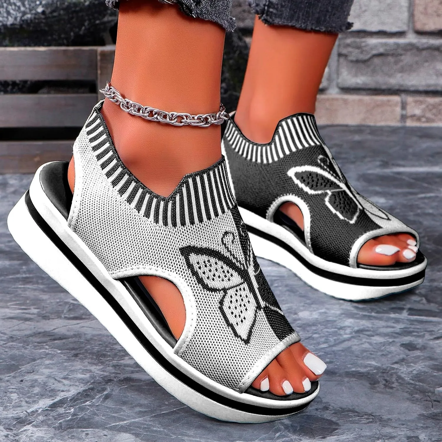 Women's Wedge Platform Sandals Arch Support Knit Slip-On Mesh Design Sandal Breathable Wide Feet Heels Comfort Waterproof Casual Cute Shoes Beach Vacation Summer Outdoor Hiking Dressy Travel Shoes
