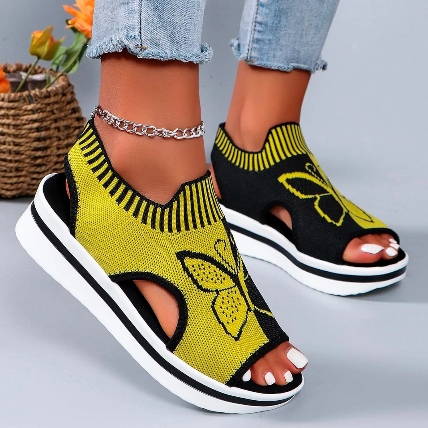 Women's Wedge Platform Sandals Arch Support Knit Slip-On Mesh Design Sandal Breathable Wide Feet Heels Comfort Waterproof Casual Cute Shoes Beach Vacation Summer Outdoor Hiking Dressy Travel Shoes