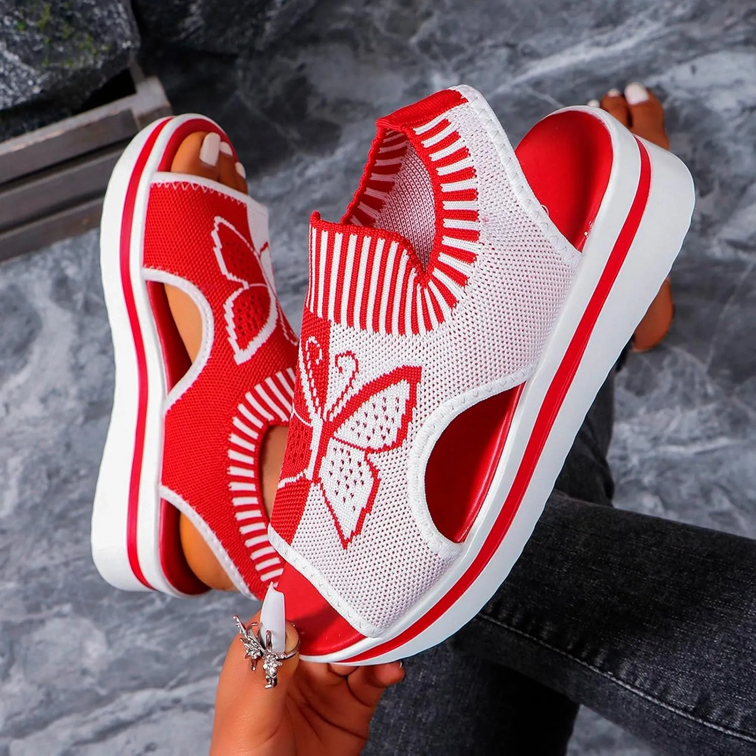 Women's Wedge Platform Sandals Arch Support Knit Slip-On Mesh Design Sandal Breathable Wide Feet Heels Comfort Waterproof Casual Cute Shoes Beach Vacation Summer Outdoor Hiking Dressy Travel Shoes