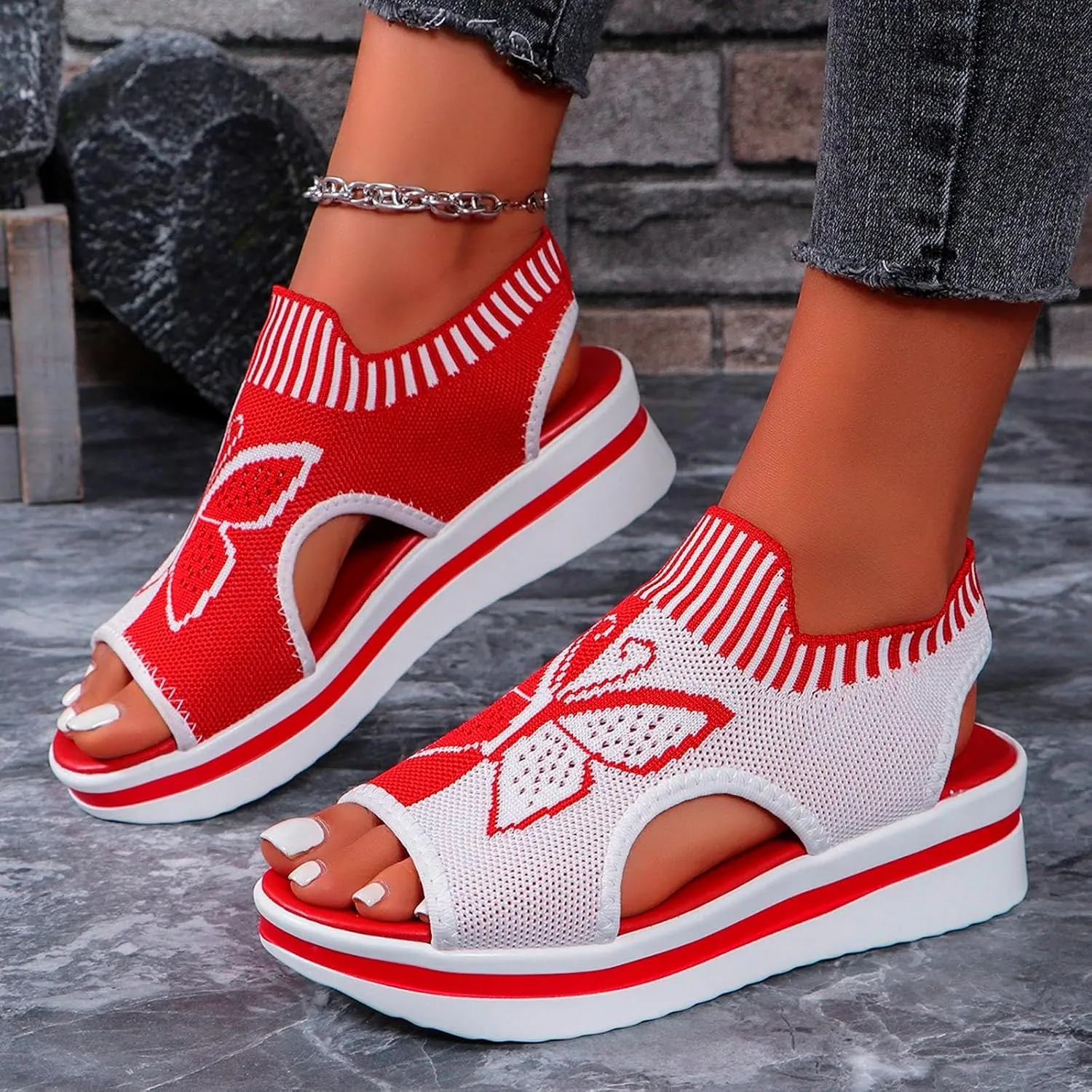 Women's Wedge Platform Sandals Arch Support Knit Slip-On Mesh Design Sandal Breathable Wide Feet Heels Comfort Waterproof Casual Cute Shoes Beach Vacation Summer Outdoor Hiking Dressy Travel Shoes