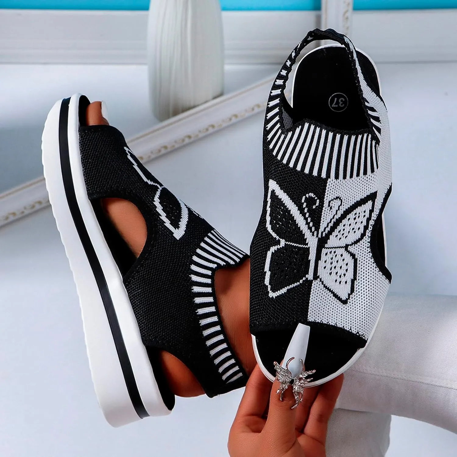 Women's Wedge Platform Sandals Arch Support Knit Slip-On Mesh Design Sandal Breathable Wide Feet Heels Comfort Waterproof Casual Cute Shoes Beach Vacation Summer Outdoor Hiking Dressy Travel Shoes