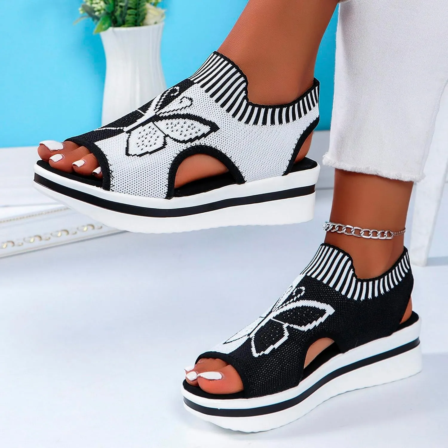 Women's Wedge Platform Sandals Arch Support Knit Slip-On Mesh Design Sandal Breathable Wide Feet Heels Comfort Waterproof Casual Cute Shoes Beach Vacation Summer Outdoor Hiking Dressy Travel Shoes