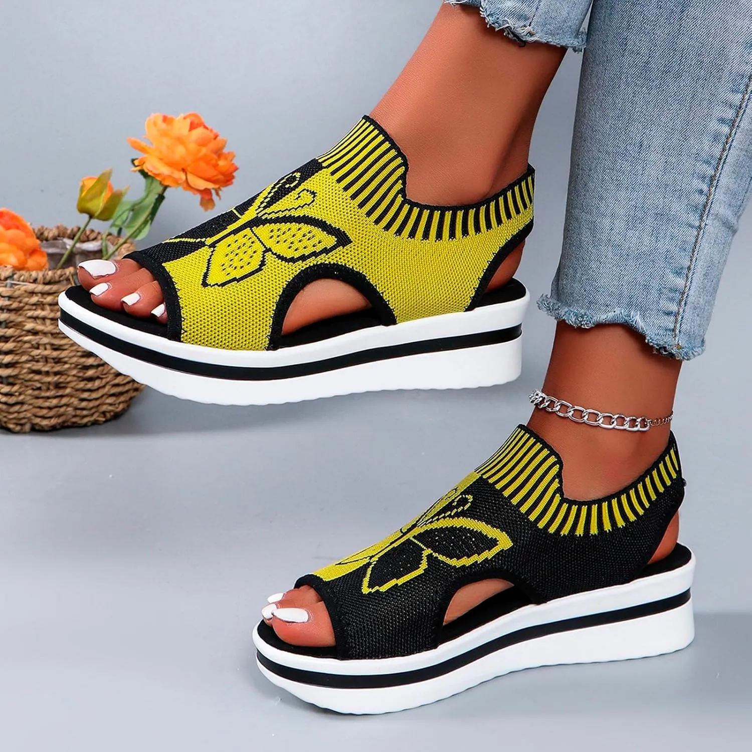 Women's Wedge Platform Sandals Arch Support Knit Slip-On Mesh Design Sandal Breathable Wide Feet Heels Comfort Waterproof Casual Cute Shoes Beach Vacation Summer Outdoor Hiking Dressy Travel Shoes