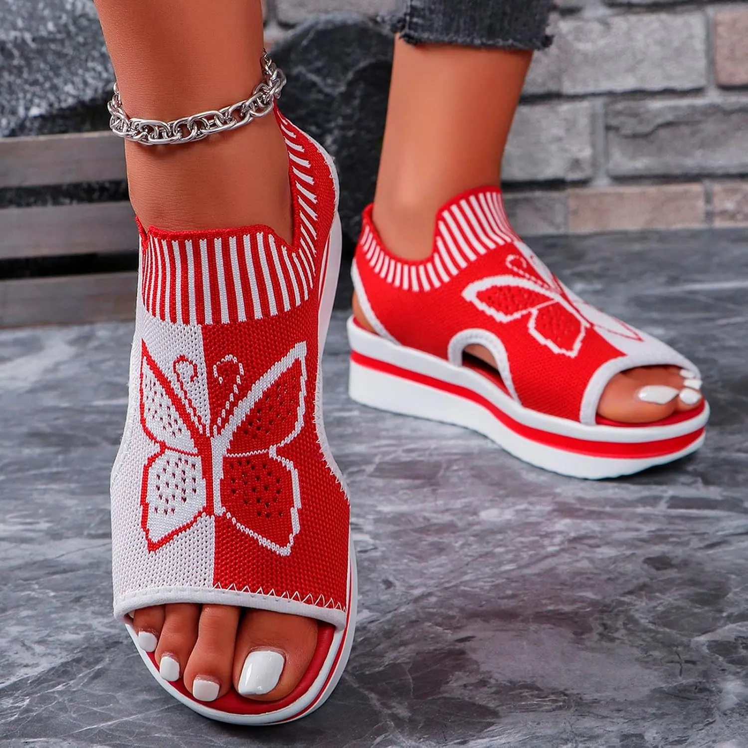 Women's Wedge Platform Sandals Arch Support Knit Slip-On Mesh Design Sandal Breathable Wide Feet Heels Comfort Waterproof Casual Cute Shoes Beach Vacation Summer Outdoor Hiking Dressy Travel Shoes