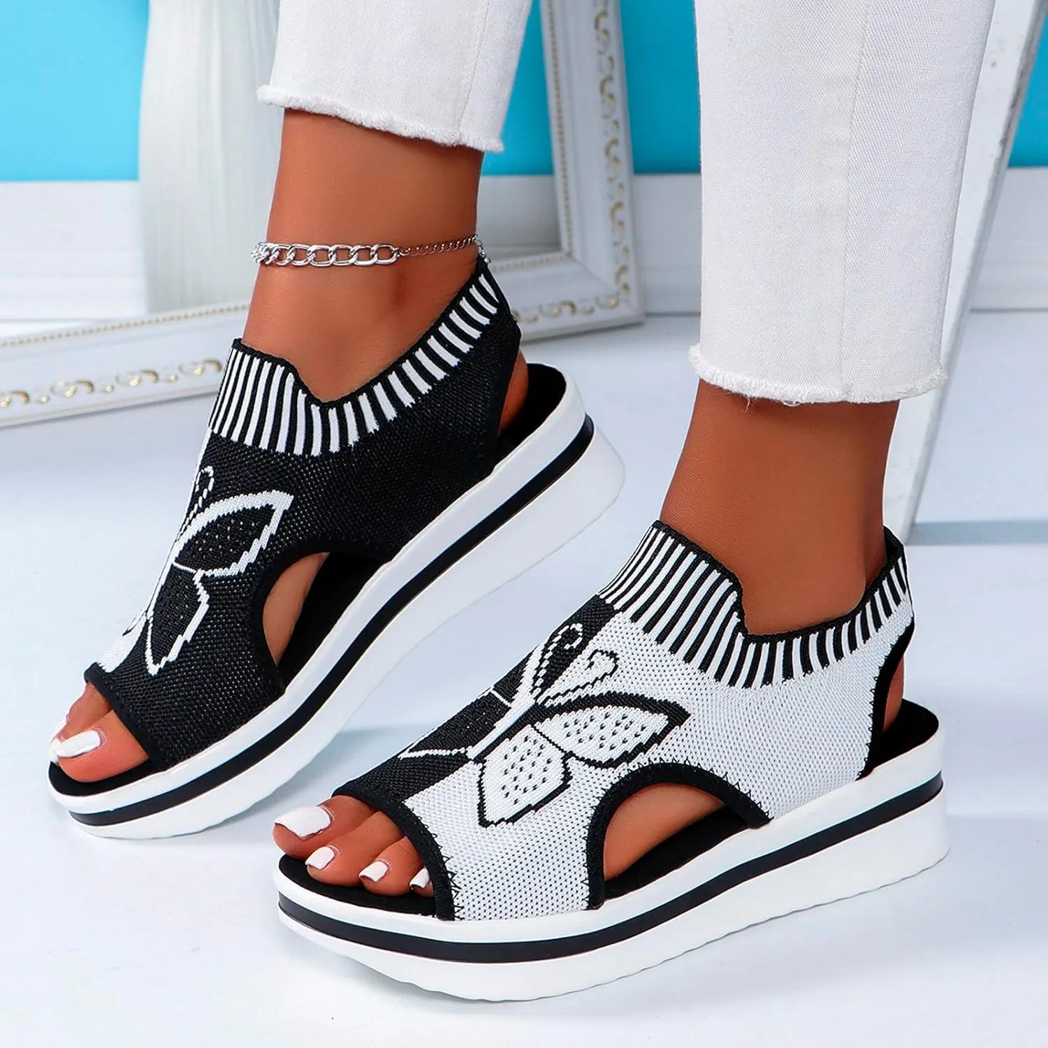 Women's Wedge Platform Sandals Arch Support Knit Slip-On Mesh Design Sandal Breathable Wide Feet Heels Comfort Waterproof Casual Cute Shoes Beach Vacation Summer Outdoor Hiking Dressy Travel Shoes