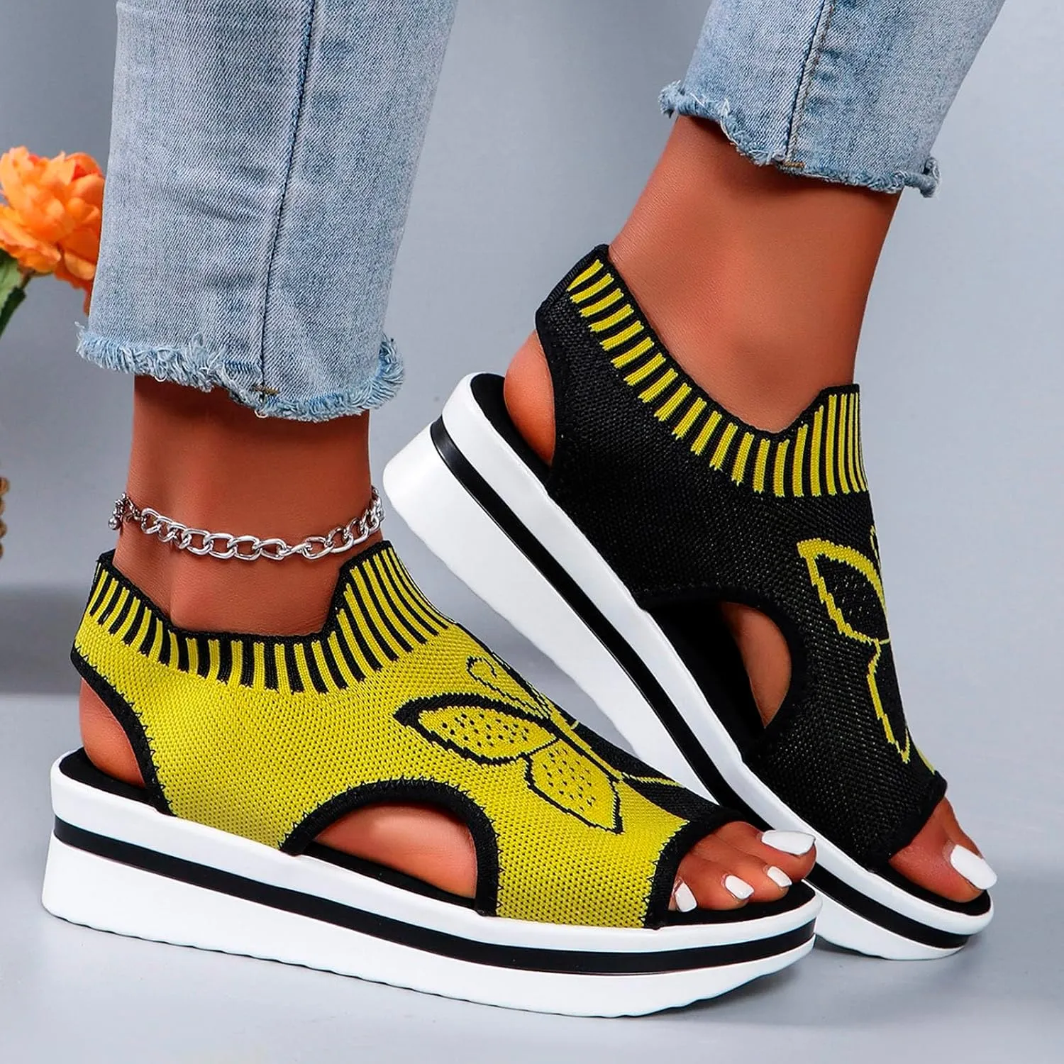 Women's Wedge Platform Sandals Arch Support Knit Slip-On Mesh Design Sandal Breathable Wide Feet Heels Comfort Waterproof Casual Cute Shoes Beach Vacation Summer Outdoor Hiking Dressy Travel Shoes