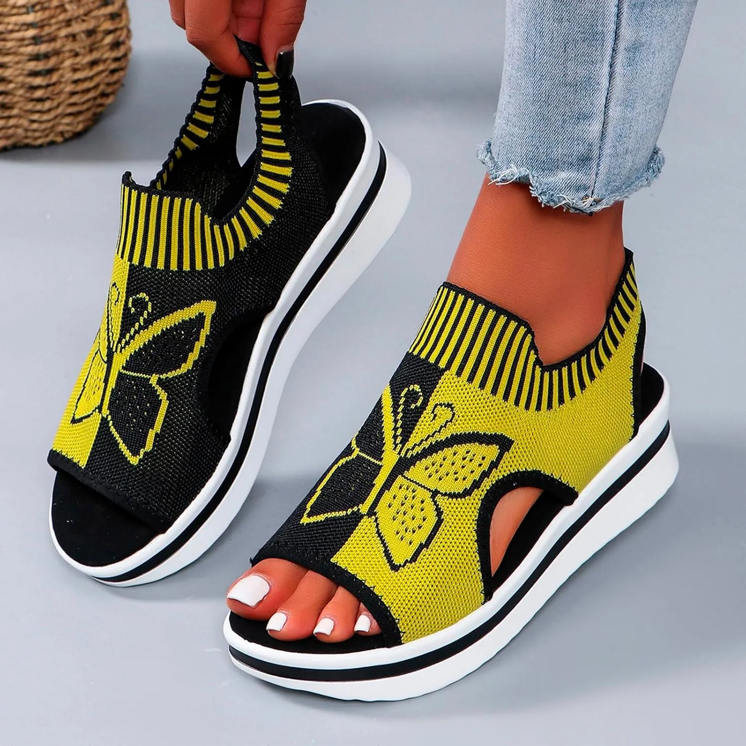Women's Wedge Platform Sandals Arch Support Knit Slip-On Mesh Design Sandal Breathable Wide Feet Heels Comfort Waterproof Casual Cute Shoes Beach Vacation Summer Outdoor Hiking Dressy Travel Shoes