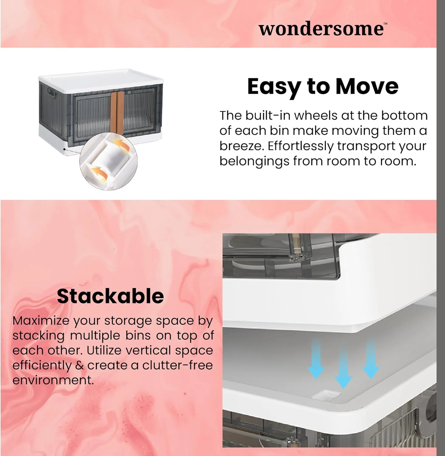 Wondersome Collapsible Storage Bins 72-L - 18-Pack of Extra-Large 19-Gallon/76-Quart Stackable Wheeled Clothing, Shoe, Bedroom, Office Organizer - Foldable Containers - Assembles in Second - US-Brand