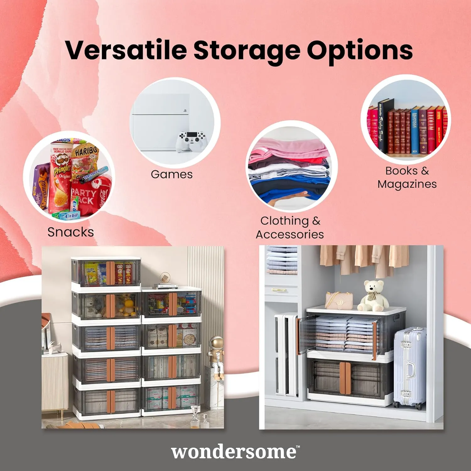 Wondersome Collapsible Storage Bins 72-L - 18-Pack of Extra-Large 19-Gallon/76-Quart Stackable Wheeled Clothing, Shoe, Bedroom, Office Organizer - Foldable Containers - Assembles in Second - US-Brand