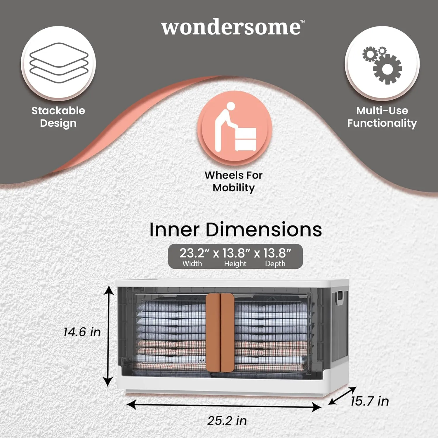 Wondersome Collapsible Storage Bins 72-L - 18-Pack of Extra-Large 19-Gallon/76-Quart Stackable Wheeled Clothing, Shoe, Bedroom, Office Organizer - Foldable Containers - Assembles in Second - US-Brand