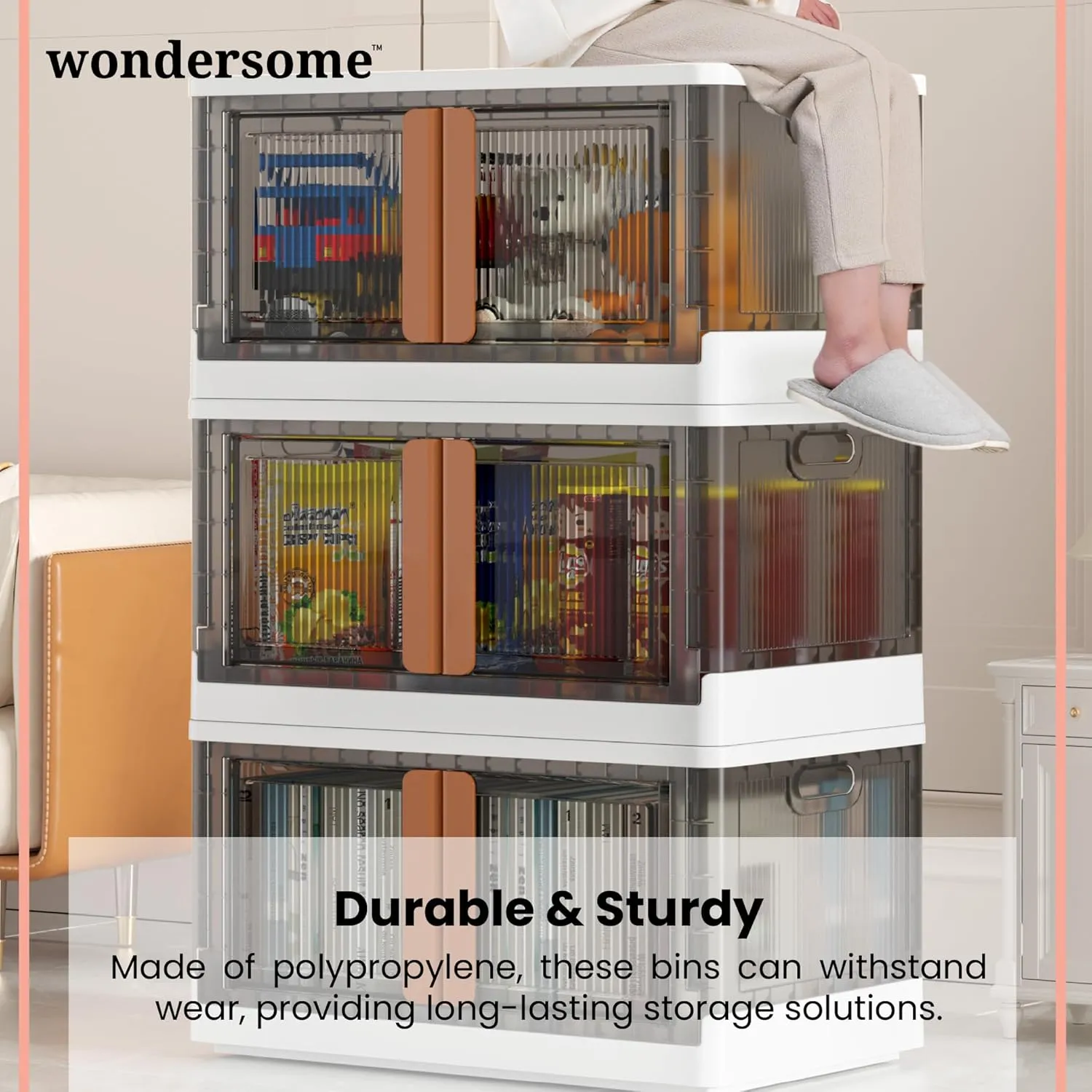 Wondersome Collapsible Storage Bins 72-L - 18-Pack of Extra-Large 19-Gallon/76-Quart Stackable Wheeled Clothing, Shoe, Bedroom, Office Organizer - Foldable Containers - Assembles in Second - US-Brand