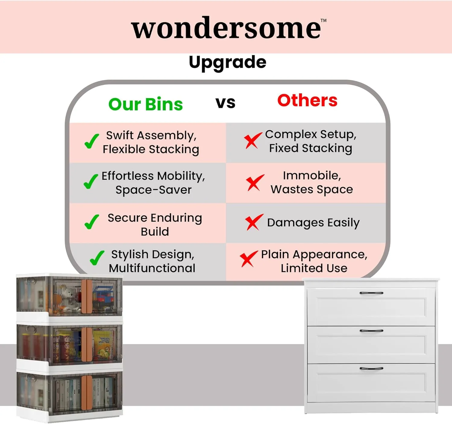 Wondersome Collapsible Storage Bins 72-L - 18-Pack of Extra-Large 19-Gallon/76-Quart Stackable Wheeled Clothing, Shoe, Bedroom, Office Organizer - Foldable Containers - Assembles in Second - US-Brand
