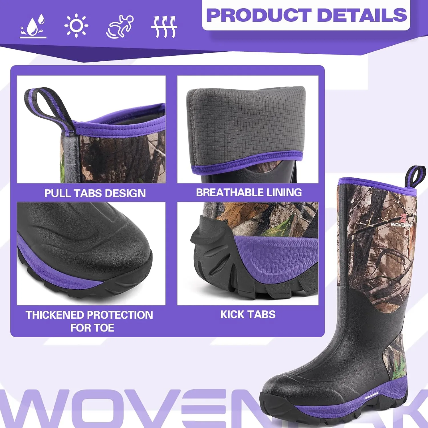 WOVENPAK Rubber Boots for Women, Waterproof Rain Boots Women with Steel Shank, Insulated Hunting Boots, Neoprene Garden Mud Boots All Season for Hunting, Gardening, Farming, Size 6-11