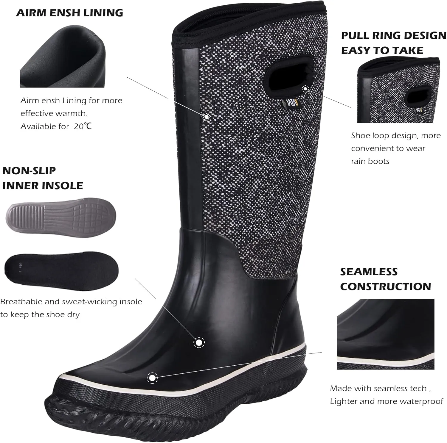 WTW Mid Calf Rain Boots for Women - Waterproof Insulated Neoprene Mud Boots Outdoor Hunting Garden Boots