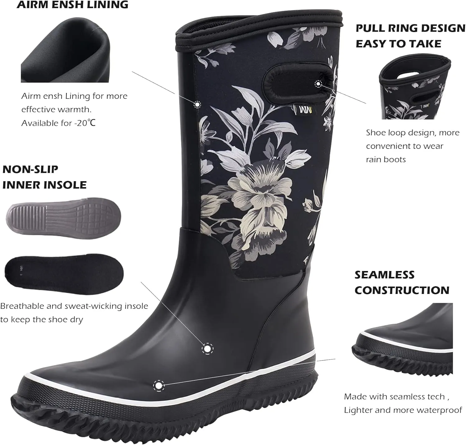 WTW Mid Calf Rain Boots for Women - Waterproof Insulated Neoprene Mud Boots Outdoor Hunting Garden Boots