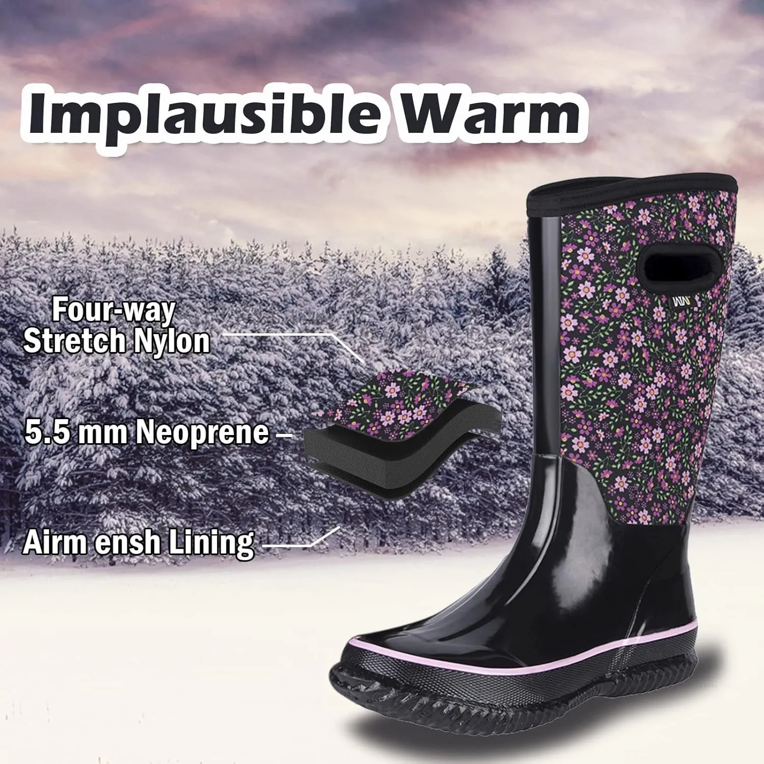 WTW Mid Calf Rain Boots for Women - Waterproof Insulated Neoprene Mud Boots Outdoor Hunting Garden Boots