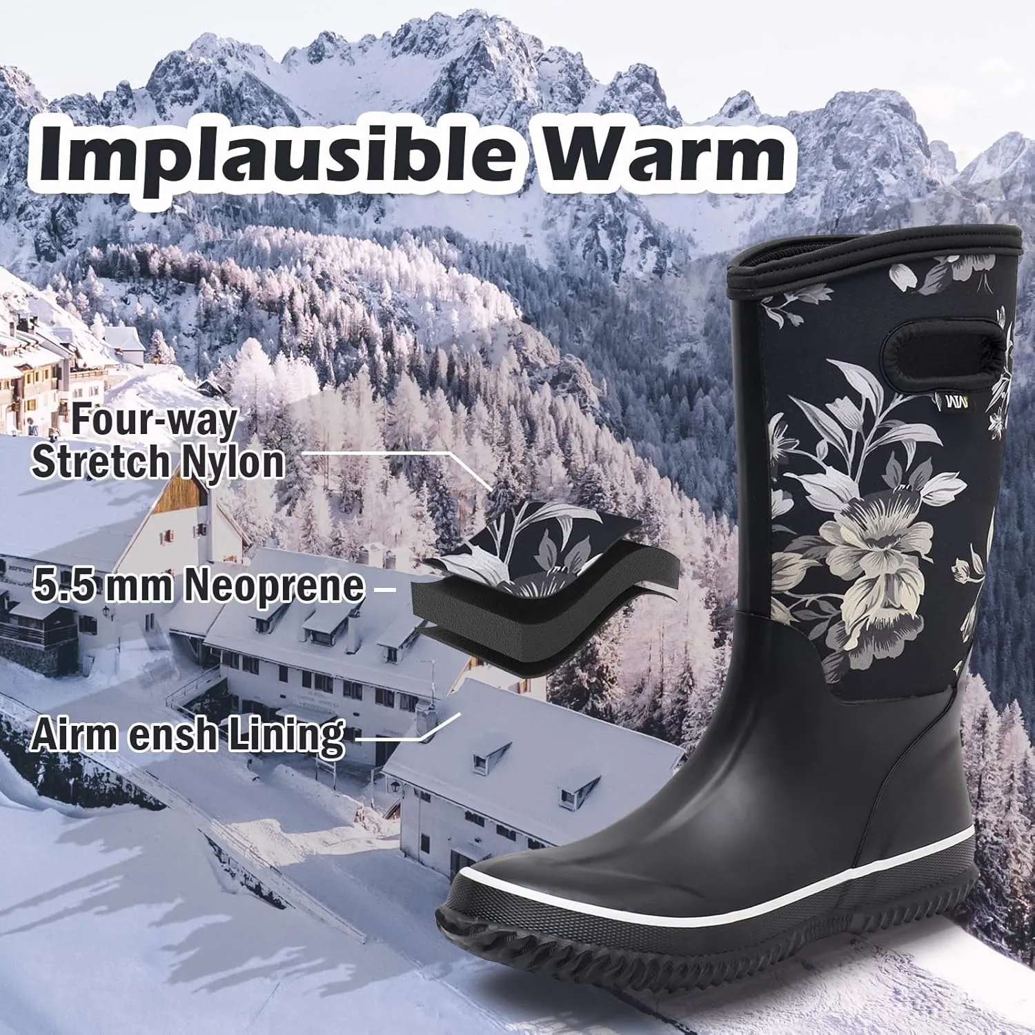 WTW Mid Calf Rain Boots for Women - Waterproof Insulated Neoprene Mud Boots Outdoor Hunting Garden Boots