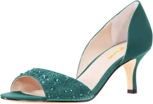 XYD Women Peep Toe Rhinestones Crystals D'Orsay Sandals Mid Thin Heels Slip-on Bridal Evening Satin Shoes