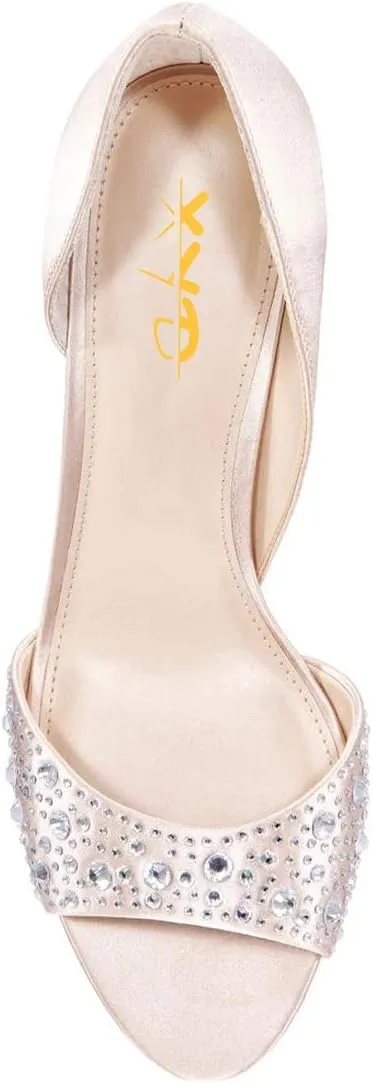 XYD Women Peep Toe Rhinestones Crystals D'Orsay Sandals Mid Thin Heels Slip-on Bridal Evening Satin Shoes