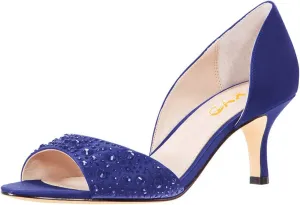 XYD Women Peep Toe Rhinestones Crystals D'Orsay Sandals Mid Thin Heels Slip-on Bridal Evening Satin Shoes