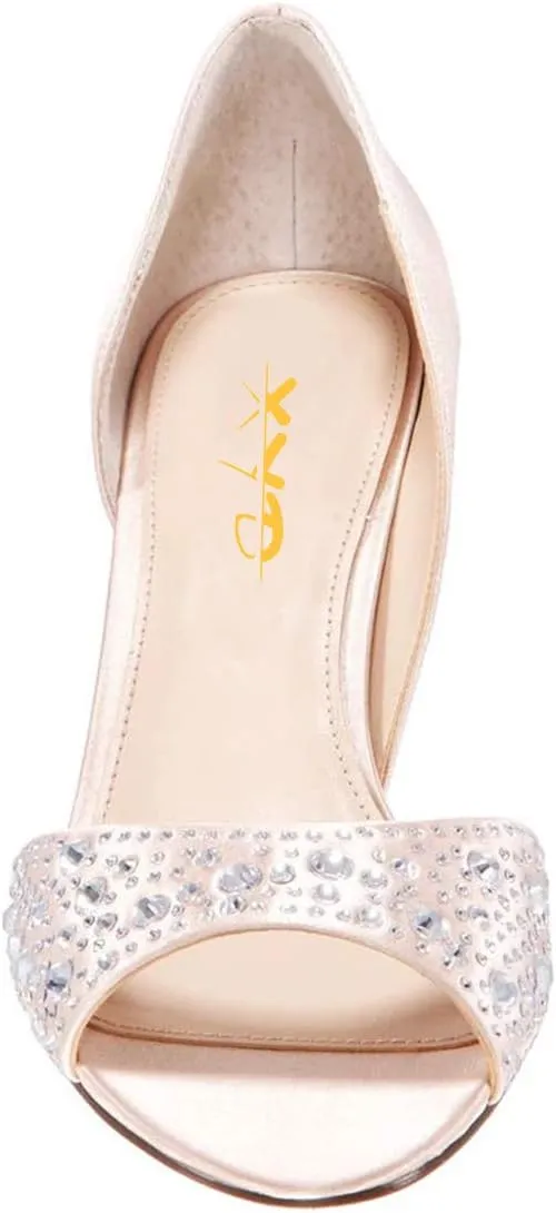 XYD Women Peep Toe Rhinestones Crystals D'Orsay Sandals Mid Thin Heels Slip-on Bridal Evening Satin Shoes