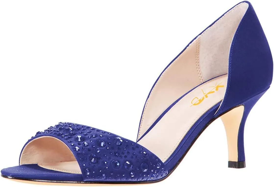 XYD Women Peep Toe Rhinestones Crystals D'Orsay Sandals Mid Thin Heels Slip-on Bridal Evening Satin Shoes