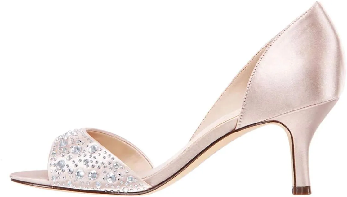 XYD Women Peep Toe Rhinestones Crystals D'Orsay Sandals Mid Thin Heels Slip-on Bridal Evening Satin Shoes