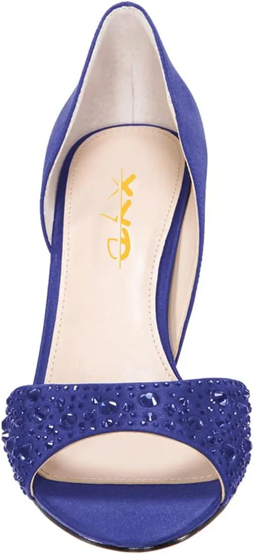 XYD Women Peep Toe Rhinestones Crystals D'Orsay Sandals Mid Thin Heels Slip-on Bridal Evening Satin Shoes