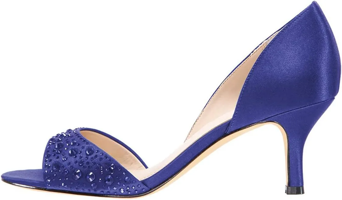 XYD Women Peep Toe Rhinestones Crystals D'Orsay Sandals Mid Thin Heels Slip-on Bridal Evening Satin Shoes