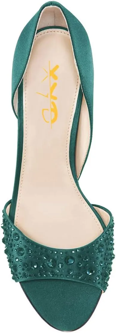 XYD Women Peep Toe Rhinestones Crystals D'Orsay Sandals Mid Thin Heels Slip-on Bridal Evening Satin Shoes