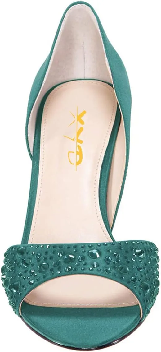 XYD Women Peep Toe Rhinestones Crystals D'Orsay Sandals Mid Thin Heels Slip-on Bridal Evening Satin Shoes