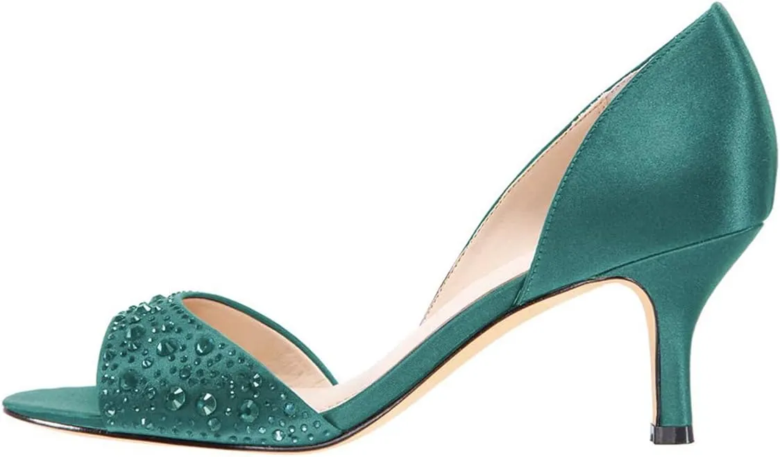 XYD Women Peep Toe Rhinestones Crystals D'Orsay Sandals Mid Thin Heels Slip-on Bridal Evening Satin Shoes