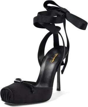 XYD Women Ribbon Lace-up Pumps Square Toe Ankle Strappy Bowknot High Heels Stiletto Evening Prom Sandal Shoes