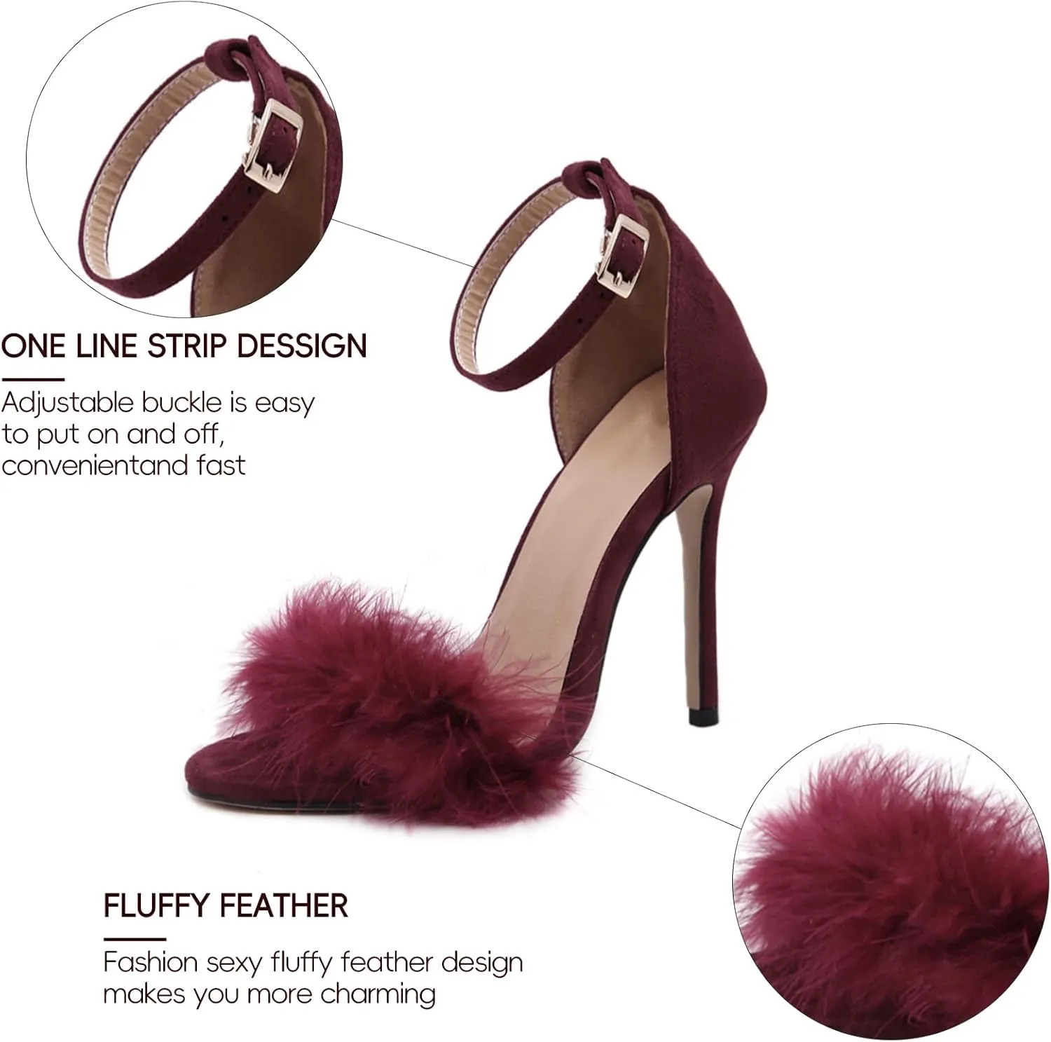 YIBLBOX Women's Feather Heels Open Toe Sandal Fluffy Fur High Heel Shoes Ankle Strap Stiletto Pump for Wedding Party Dance Evening